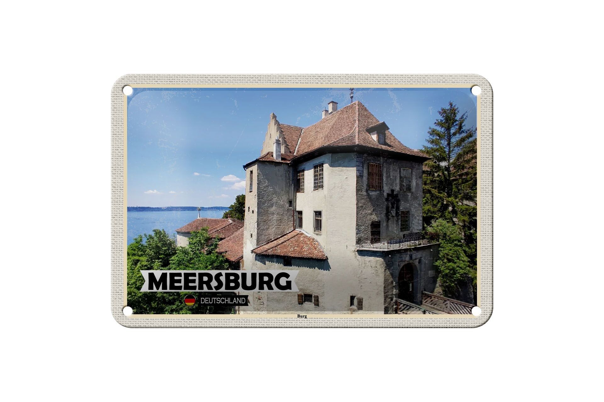 Targa in metallo Città Meersburg Castle Architecture Decorazione 18x12 cm