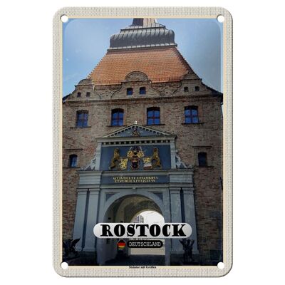 Panneau en étain villes Rostock, porte en pierre avec décoration de griffons, panneau 12x18cm