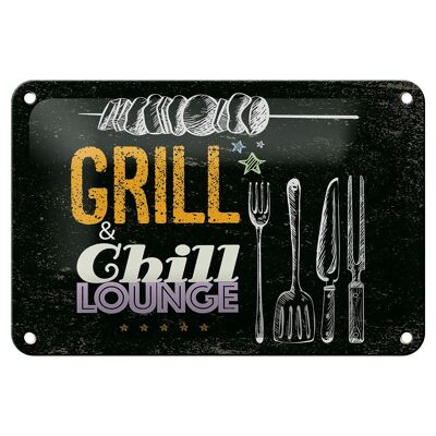 Tin sign saying Grill & Chill meat grilling 18x12cm decoration