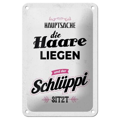 Cartel de hojalata que dice "Lo principal es que el pelo está en la mentira" Schlüppi cartel de 12x18 cm