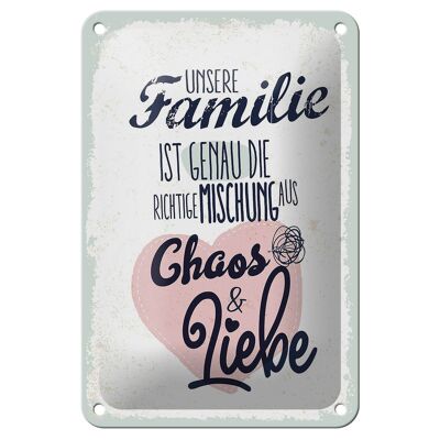 Tin sign saying Our Family Chaos Love Heart 12x18cm sign