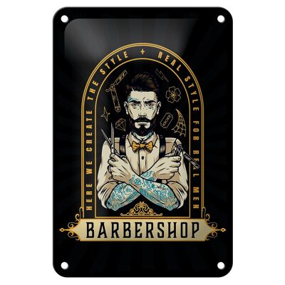 Targa in metallo con scritta Barbershop Here we Greate Style 12x18 cm