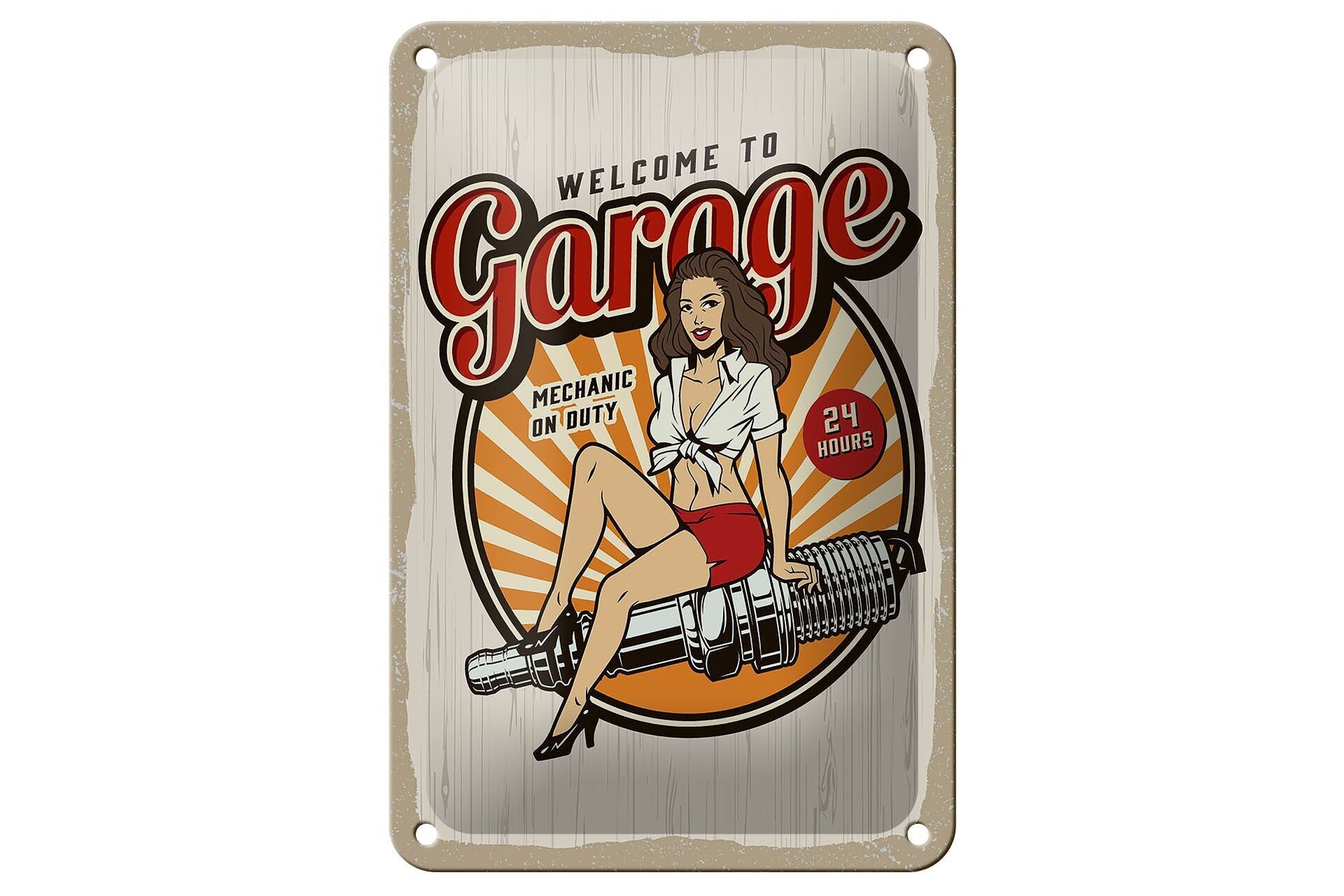 Blechschild Spruch Pinup Welcome to Garage Mechanic on 12x18cm Schild