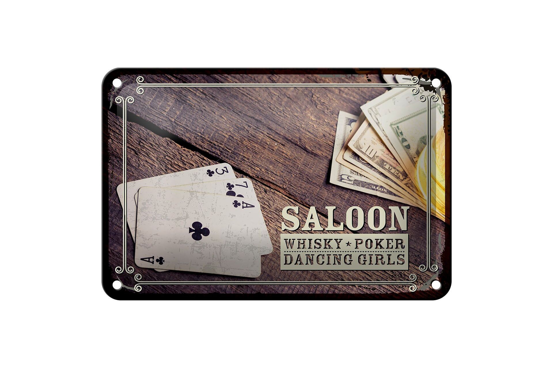Targa in metallo con scritta Saloon Whiskey Poker Dancing 18x12 cm decorazione