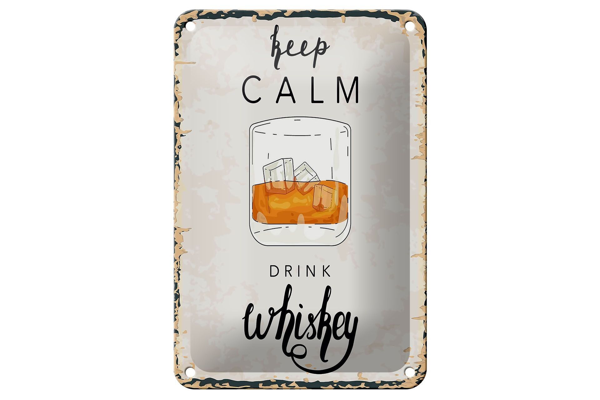 Targa in metallo con scritta "Alcol Keep Calm Drink Whiskey", 12 x 18 cm