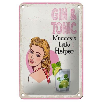 Cartel de chapa que dice Gin & Tonic El pequeño ayudante de mamá, cartel de 12x18 cm