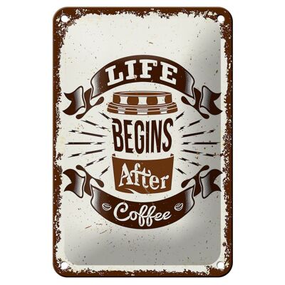 Targa in latta con scritta La vita comincia dopo il caffè decorazione 12x18 cm