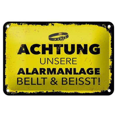 Metal sign dog attention our alarm system bites 18x12cm sign