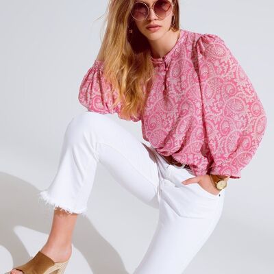 Pink chiffon Blouse With Floral Print And Long Balloon Sleeves