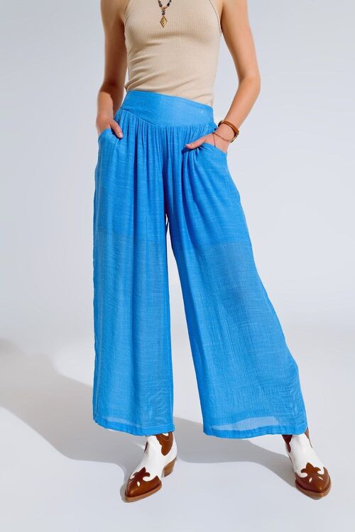 Blue Palazzo style Pants With Side Pockets And Thick Waist Band