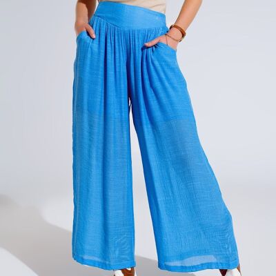 Pantaloni stile palazzo blu con tasche laterali e fascia spessa in vita