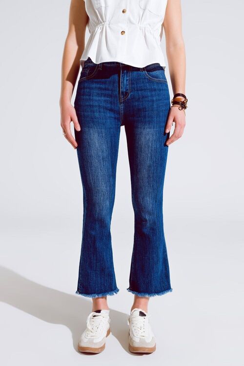Flared Skinny Jeans With Raw Hem Edge In Mid Wash