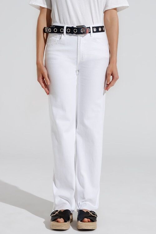 Stretch Denim Straight Jeans With 5 Pockets in White