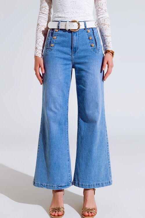 Straight Flared Jeans In Washed Blue With Button Detail