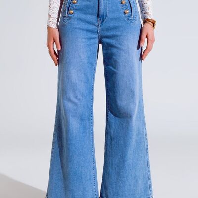 Straight Flared Jeans In Washed Blue With Button Detail