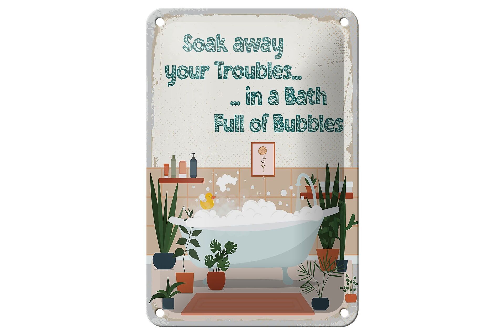 Targa in metallo con scritta "Bad Soak Away Your Troubles Bath", 12 x 18 cm