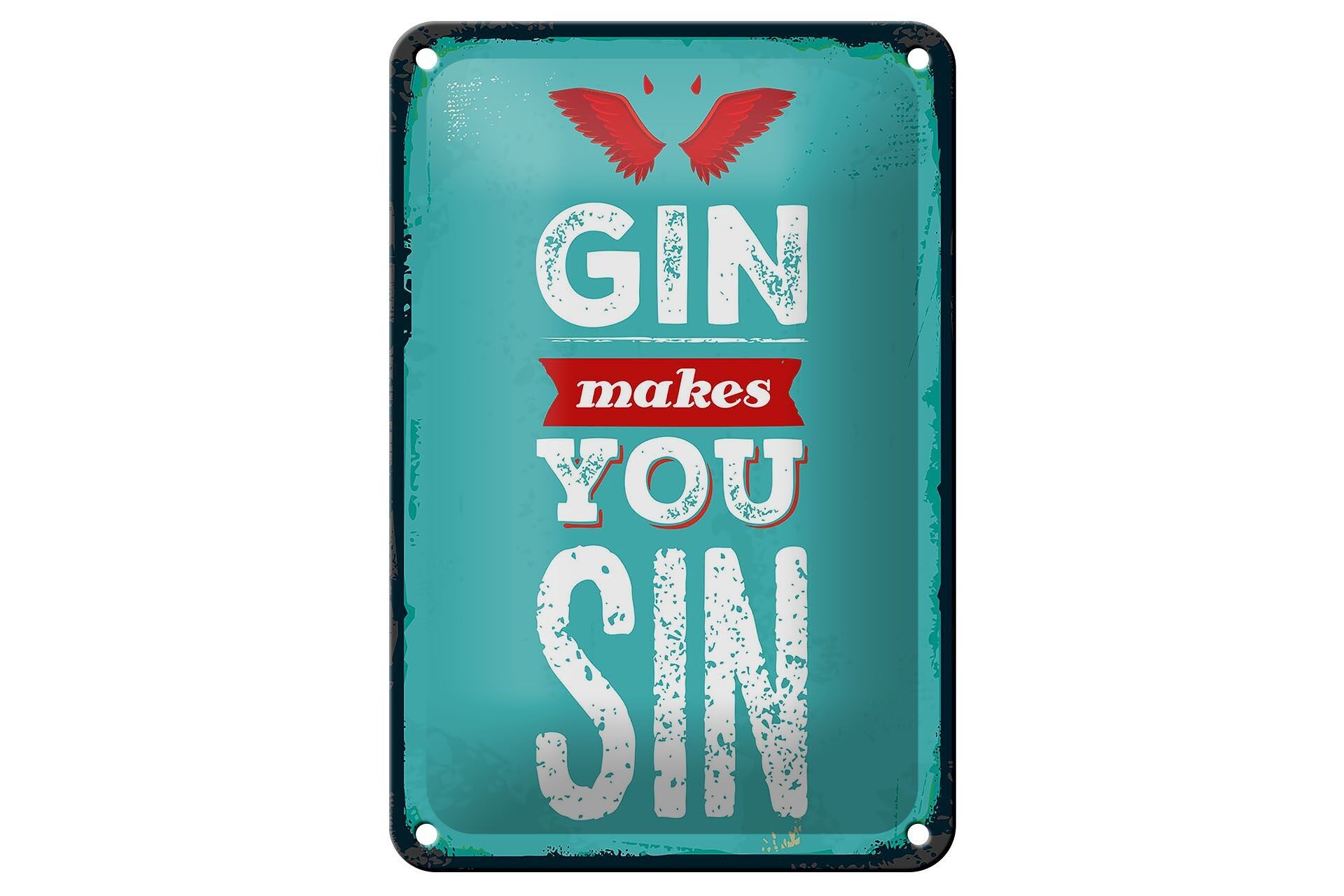 Targa in latta con scritta "Gin ti fa Sin Devil Hell" decorazione 12x18 cm
