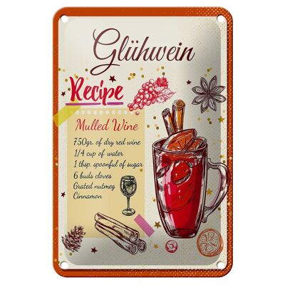 Cartel de chapa con receta de vino caliente, receta de vino caliente, decoración de 12x18cm