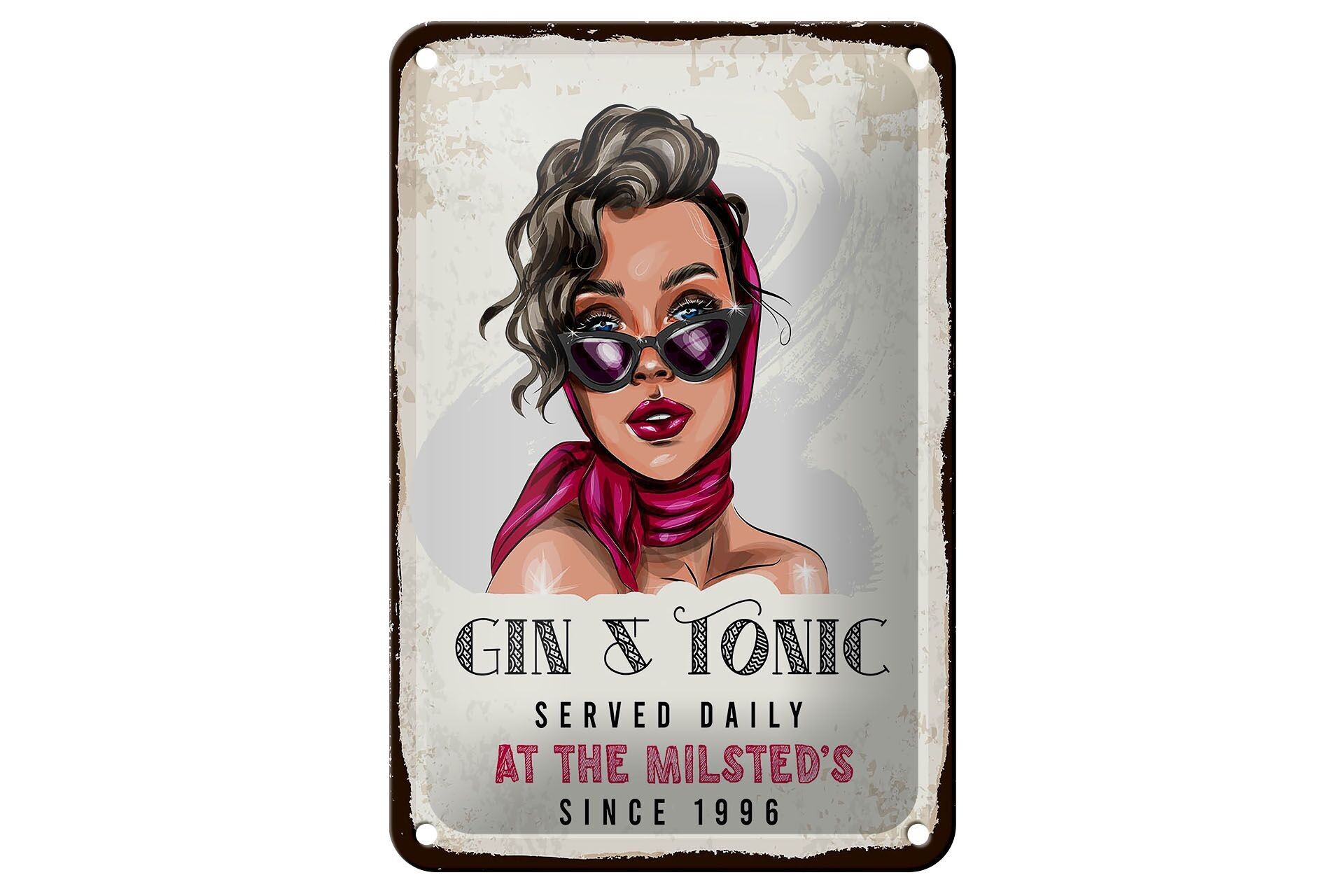 Targa in metallo con scritta "Gin & Tonic Served Daily Milsted" da 12 x 18 cm