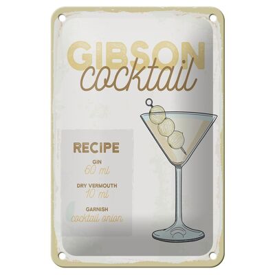 Plaque en étain pour recette de Cocktail Gibson, 12x18cm, signe cadeau