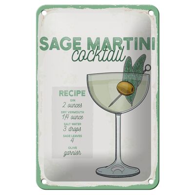 Cartel de chapa con receta de cóctel Sage Martini, decoración de 12x18cm