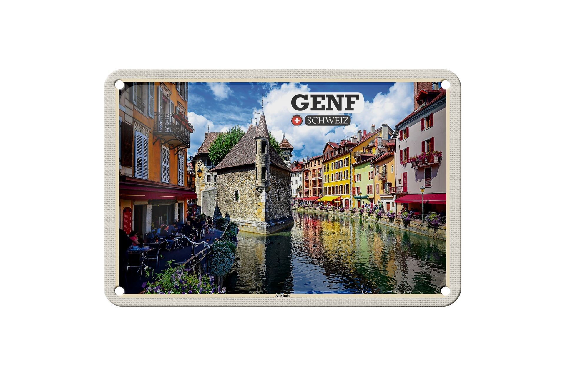 Targa in metallo Viaggio Ginevra Svizzera Città Vecchia Fiume 18x12 cm Targa decorativa