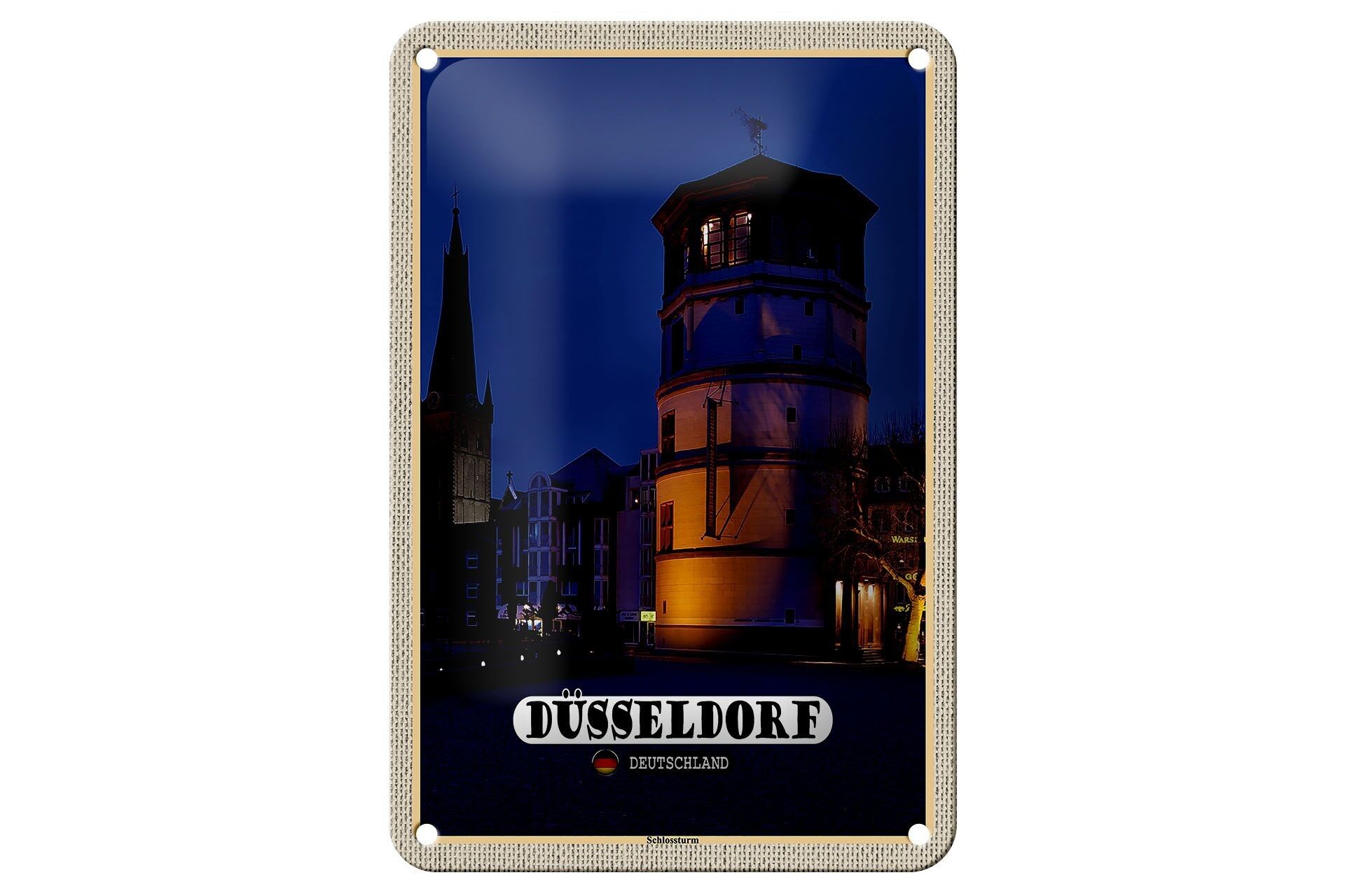 Targa in metallo città Düsseldorf castello torre architettura 12x18 cm decorazione