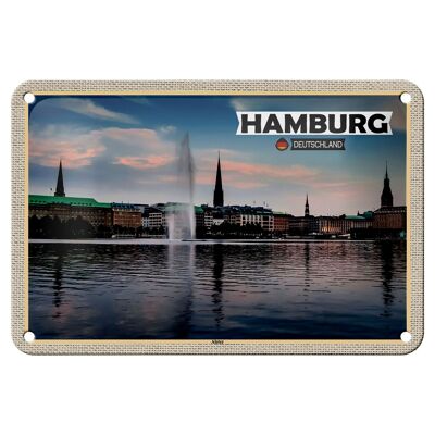 Panneau en étain villes Hambourg Alster vue sur la rivière 18x12cm décoration