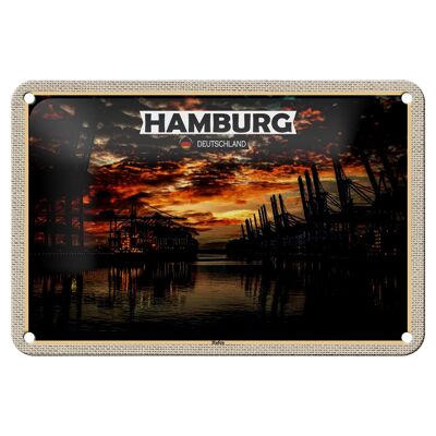 Cartel de chapa ciudades Hamburgo puerto atardecer 18x12cm decoración