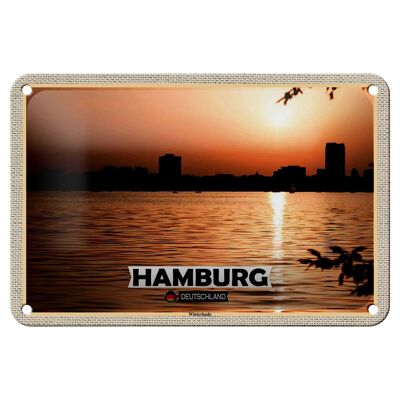 Cartel de chapa con ciudades de Hamburgo, Winterhude, puesta de sol, 18x12cm