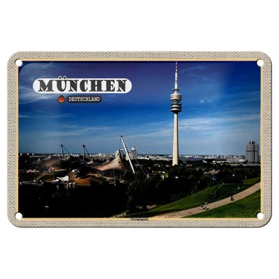 Cartel de chapa con ciudades, torre de televisión del Parque Olímpico de Múnich, cartel de 18x12cm