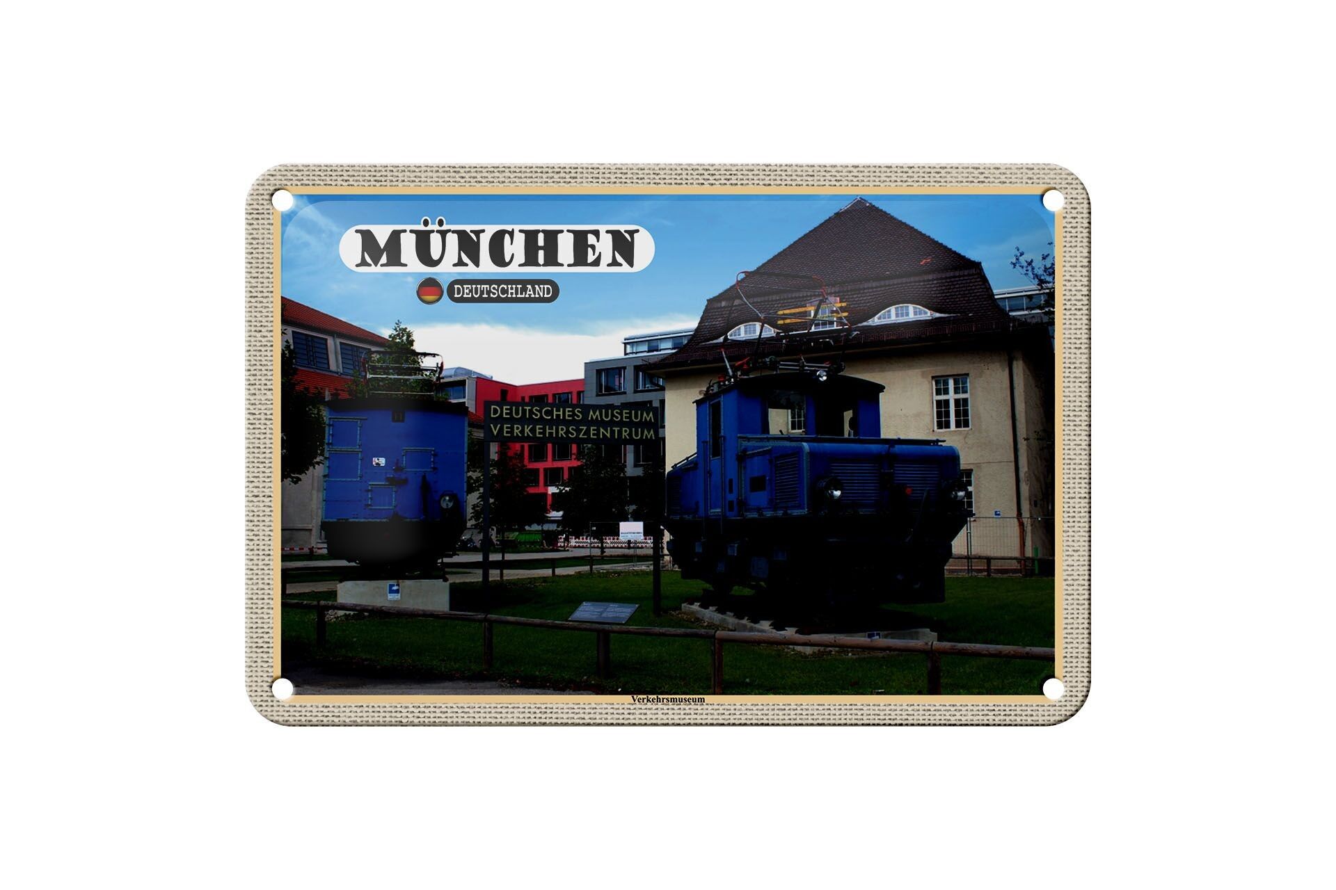 Cartel de chapa con diseño de ciudades de Múnich, Museo Alemán del Transporte, 18x12cm