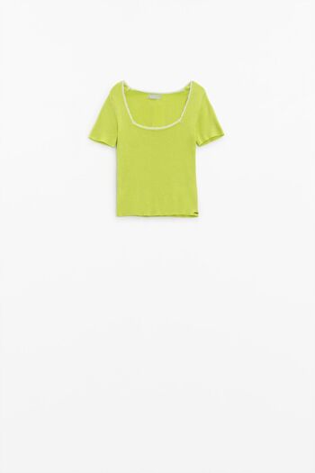 Pull tricoté à manches courtes citron vert avec col carré et bordure blanche 4