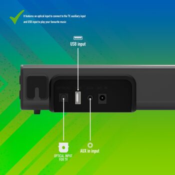 NGS SUBWAY : Barre de son compatible 5.0 technologie Bluetooth. ENTRÉES : OPTIQUES - USB - AUX IN. TÉLÉCOMMANDE. COULEUR NOIRE. 6