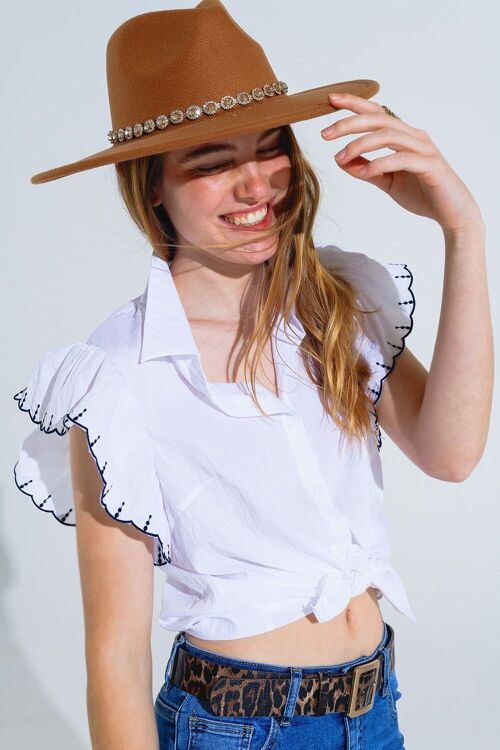 White Button Up Shirt With Polo Collar And Ruffled Sleeves With Black Trim