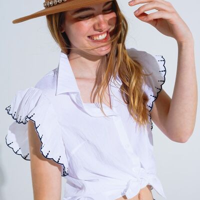 Camicia bianca abbottonata con colletto polo e maniche arricciate con finiture nere