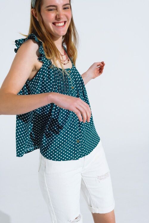 Button Up Blouse With Frilly Short Sleeves and Flower Print in Green
