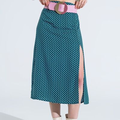 Maxi Skirt in Green With Flower Print and Side Slit