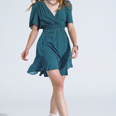 Green Mini Dress With Wrap Front Cinched Waist And Floral Print