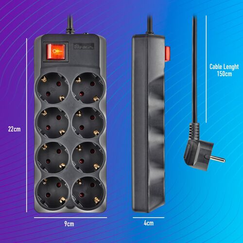 NGS POLE 800: SURGE PROTECTION 8 SCHUCKO SOCKETS. CHILD PROTECTION. BLACK COLOUR.