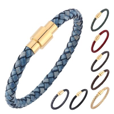 Bracelet gentleman tressé en cuir véritable - Boucle dorée