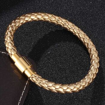 Bracelet gentleman tressé en cuir véritable - Boucle dorée 8