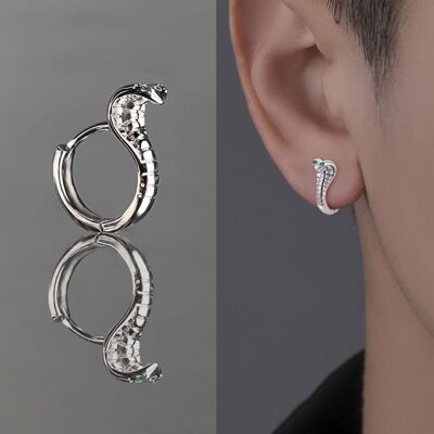 Silver Cobra Earrings-Small Hoops-Green Eyes