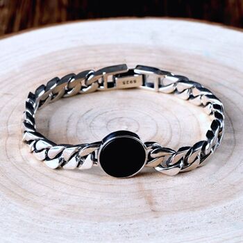 Bracelet chaîne cubaine audacieux en argent sterling - Onyx noir rond 1