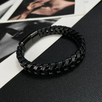 Bracelet gentleman en cuir et acier tressé épais 11