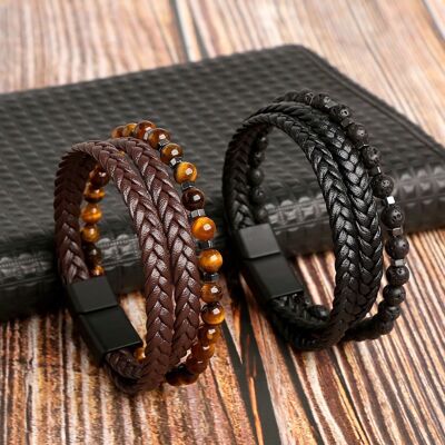 Braided Leather bracelet with Genuine Stones