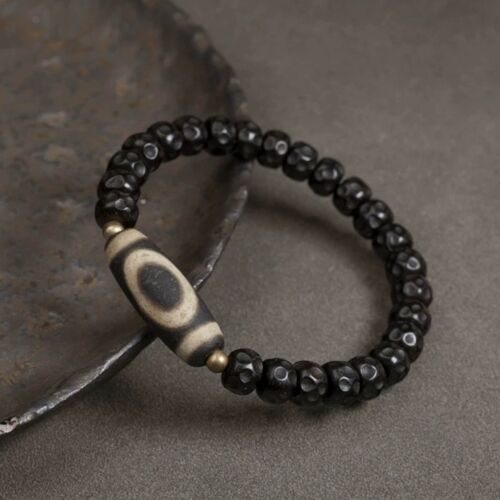 Black Coconut shell Beads Bracelet with Tibetan Dzi Bead