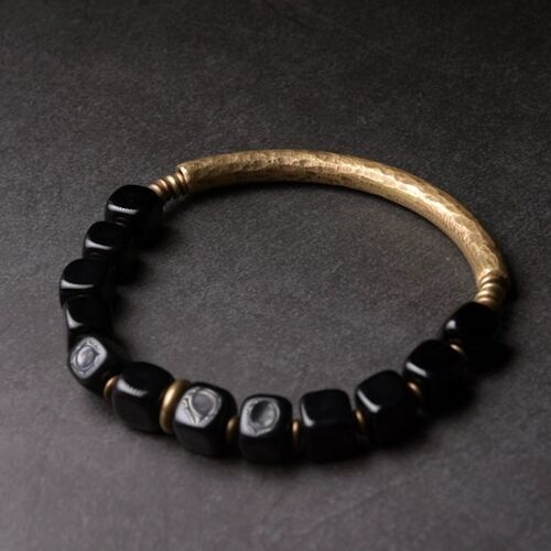 Chunky Black Obsidian Block Bead Bracelet with Bronze Bangle