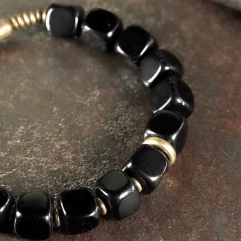 Bracelet de perles bloc d’obsidienne noire épaisse avec bracelet en bronze 2