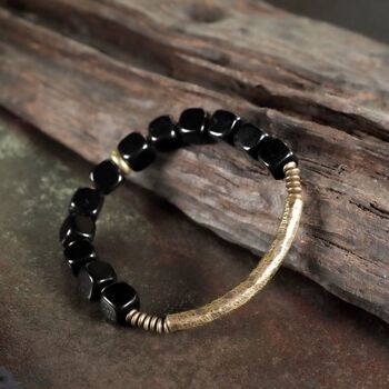 Bracelet de perles bloc d’obsidienne noire épaisse avec bracelet en bronze 4